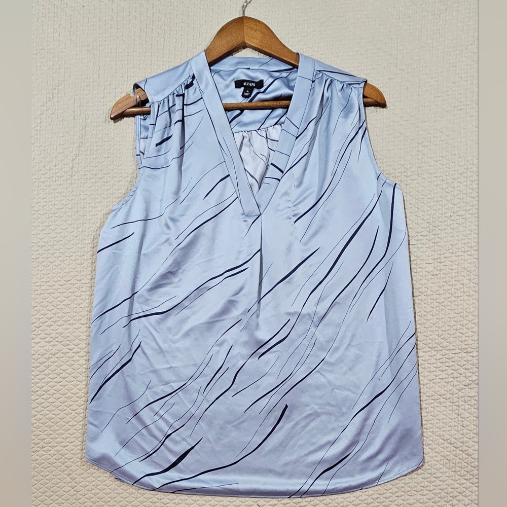 Alfani Modern Light Blue‎ V-Neck Blouse W Black Accents Macy's Size XL